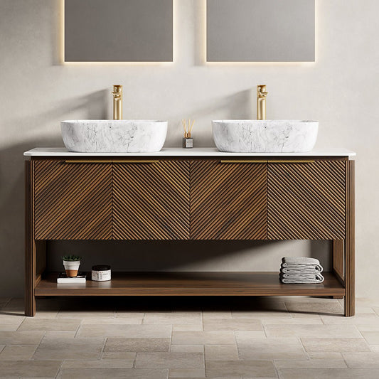 ExBrite 60' Bathroom Vanity&Sinks, Freestanding Plywood Storage Cabinet with 4 Diagonal Striped Doors&Open Shelf, 2 Marble Pattern Ceramic Basins&Carrara White Sintered Stone Top, Dark Walnut Woodgrain