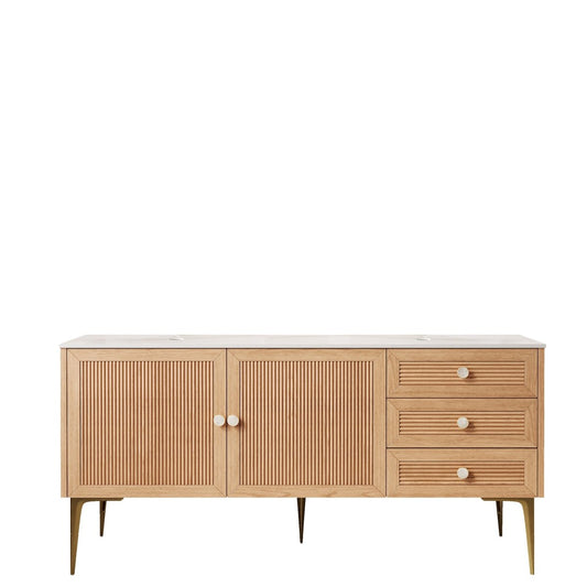 Exbrite 60' Freestanding Bathroom Light Oak Woodgrain Plywood Cabinet with Carrara White Sintered Stone Counter Top, Three Drawers and Two Doors, NO Basin, NO Faucet and Sink Cover|MUNIN