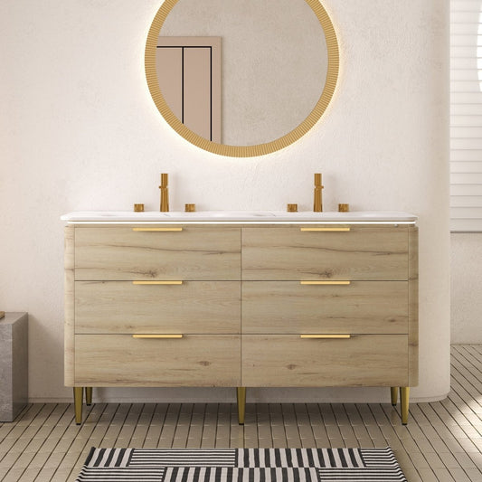 Exbrite 60'' Light Oak Woodgrain Color Bathroom Vanity&Sinks, Freestanding Curved Edges Plywood Bathroom Storage Cabinet with 6 Drawers, Carrara White Sintered Stone Integrated Basin, Pre-assembled|AMARA