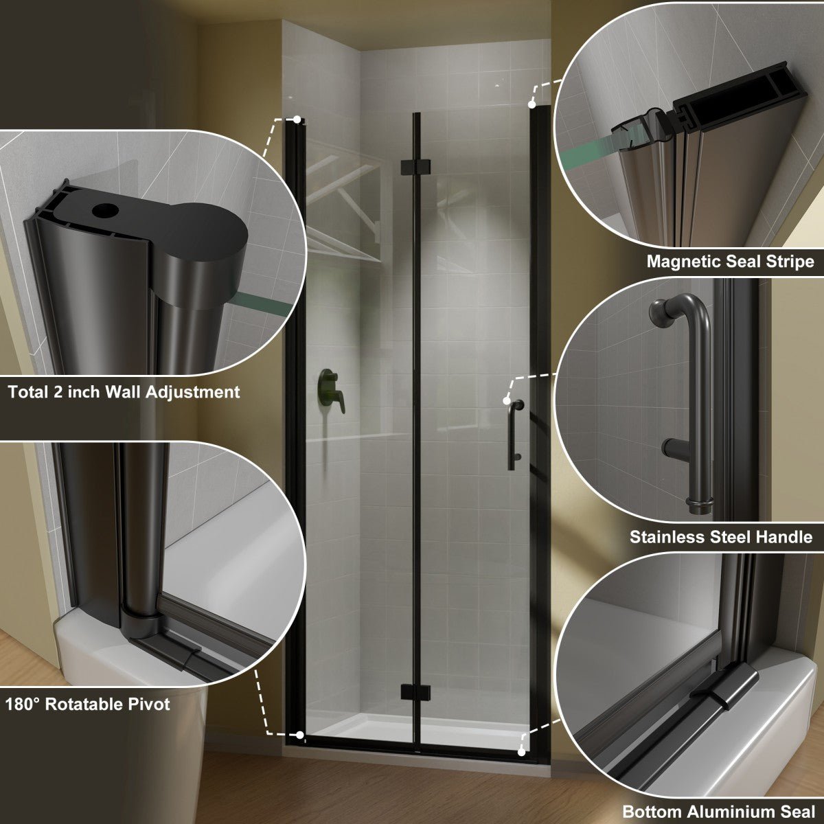 Exbrite Adapt Bifold Shower Door 36 - 38 in.W x 72 in.H Pivot Swing Shower Doors,Matte Black,Clear Tempered Glass