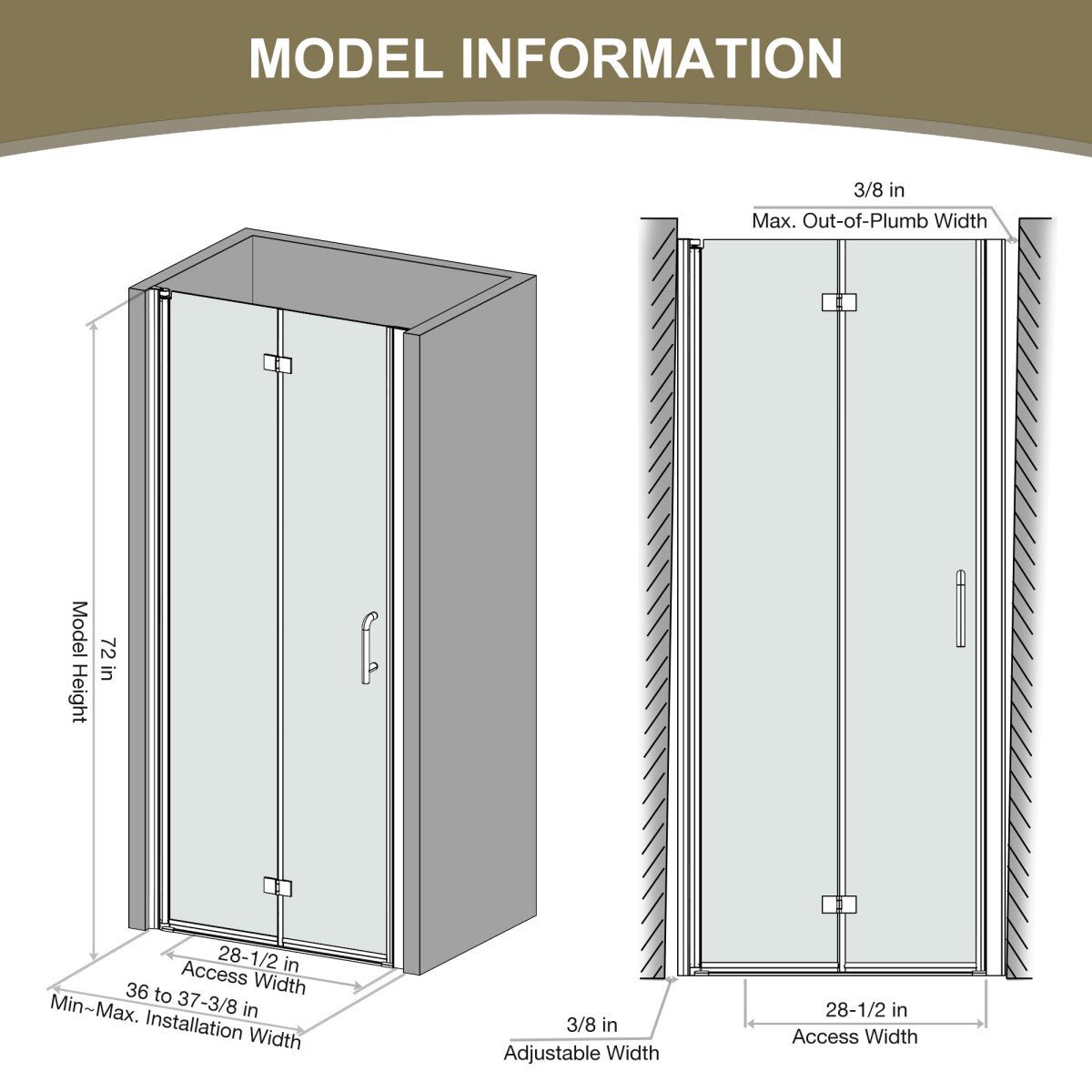 Exbrite Adapt Bifold Shower Door 36 - 38 in.W x 72 in.H Pivot Swing Shower Doors,Matte Black,Clear Tempered Glass