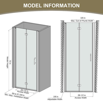 Exbrite Adapt Bifold Shower Door 36 - 38 in.W x 72 in.H Pivot Swing Shower Doors,Matte Black,Clear Tempered Glass