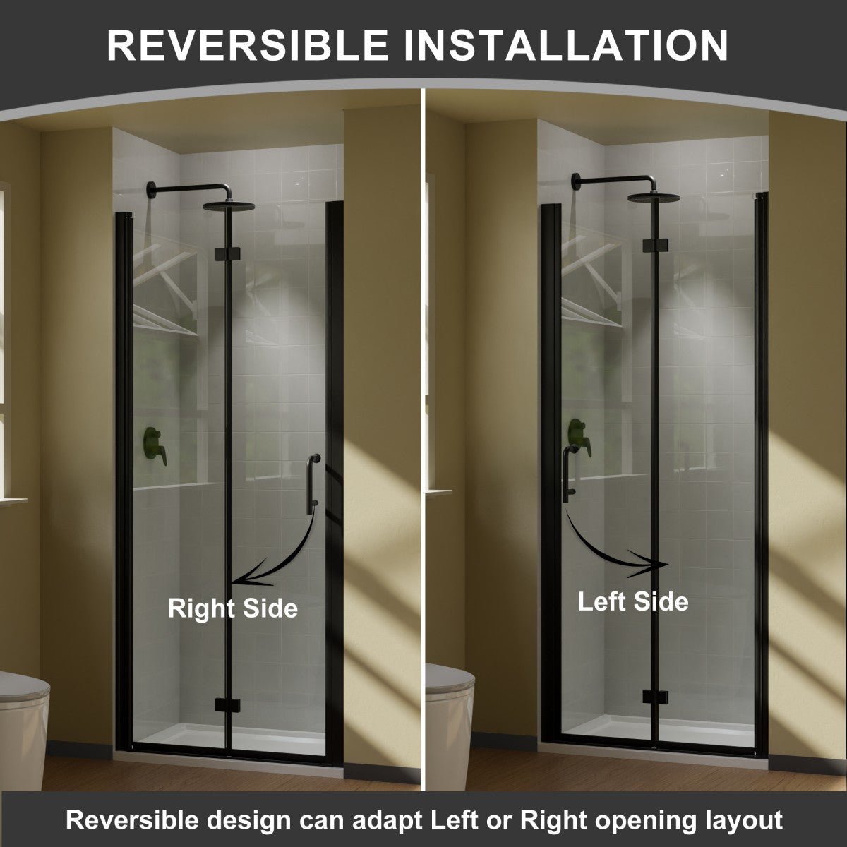 Exbrite Adapt Bifold Shower Door 36 - 38 in.W x 72 in.H Pivot Swing Shower Doors,Matte Black,Clear Tempered Glass