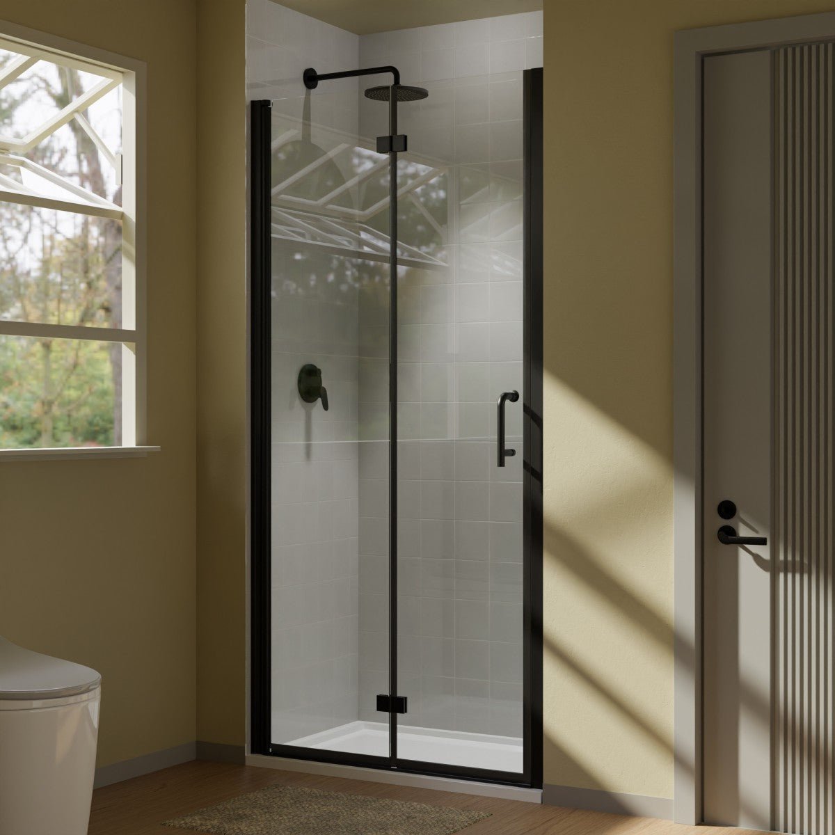 Exbrite Adapt Bifold Shower Door 36 - 38 in.W x 72 in.H Pivot Swing Shower Doors,Matte Black,Clear Tempered Glass