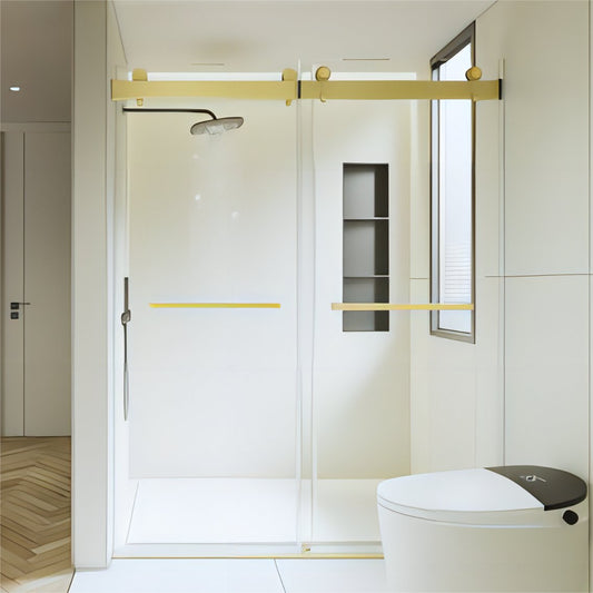 ExBrite-Catalyst 56-60in.W x 76in.H Semi-Frameless Sliding Door,6mm Tempered Glass Door,Brushed Gold,Double Sliding Glass Shower Enclosure