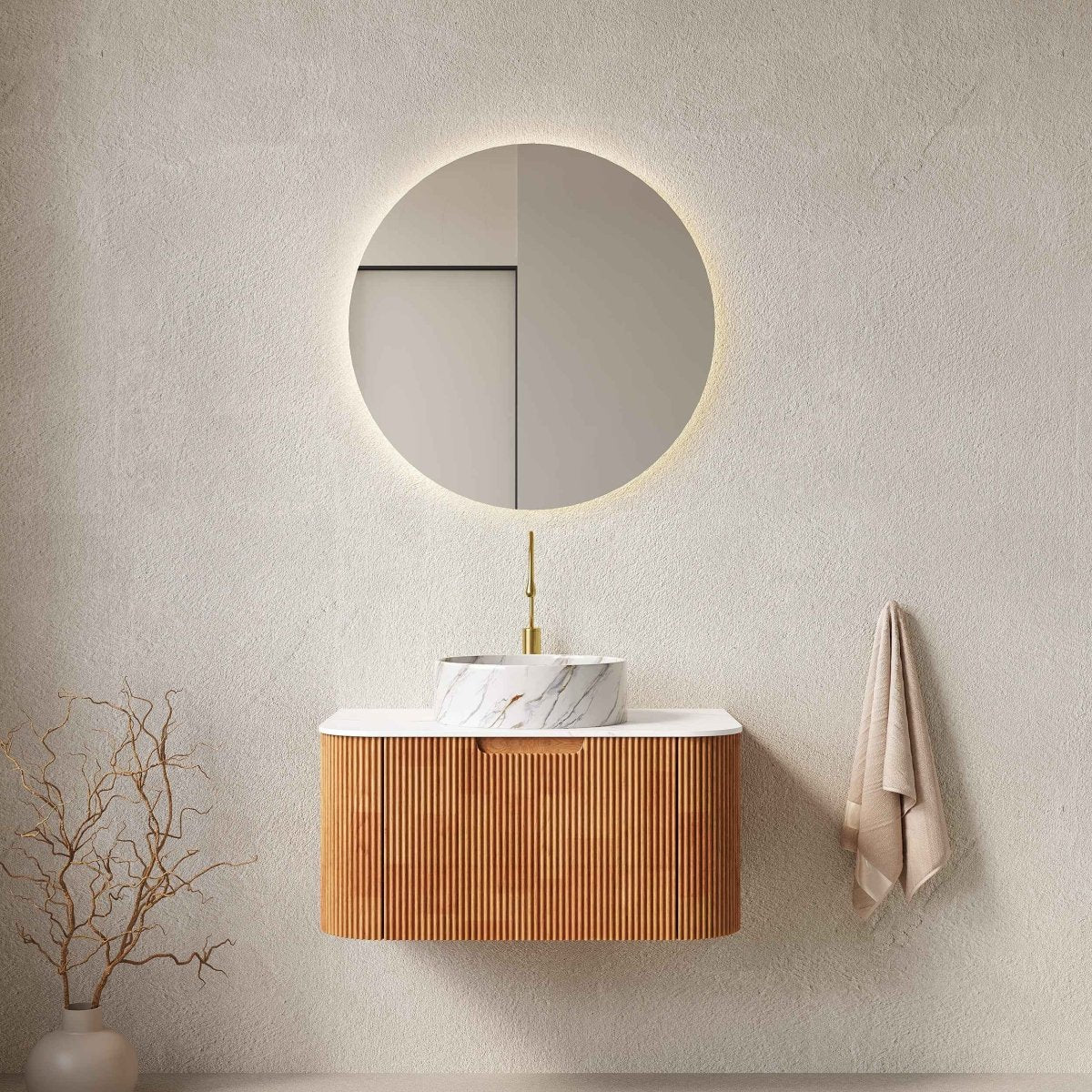 ExBrite DN 30' Bathroom Vanity & Sink, Wall-Mounted Floating Curved Edges Striped Bathroom Storage Cabinet with Drawer, White Round Ceramic Basin with Stone Pattern, Pre-assembled, Natural Woodgrain Color