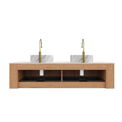 ExBrite DN 60' Bathroom Vanity with Sinks, Wall-Mounted Curved Edges Striped Bathroom Storage Cabinet with 2 Drawers, 2 White Round Ceramic Basin with Stone Pattern, Pre-assembled, Natural Woodgrain Color