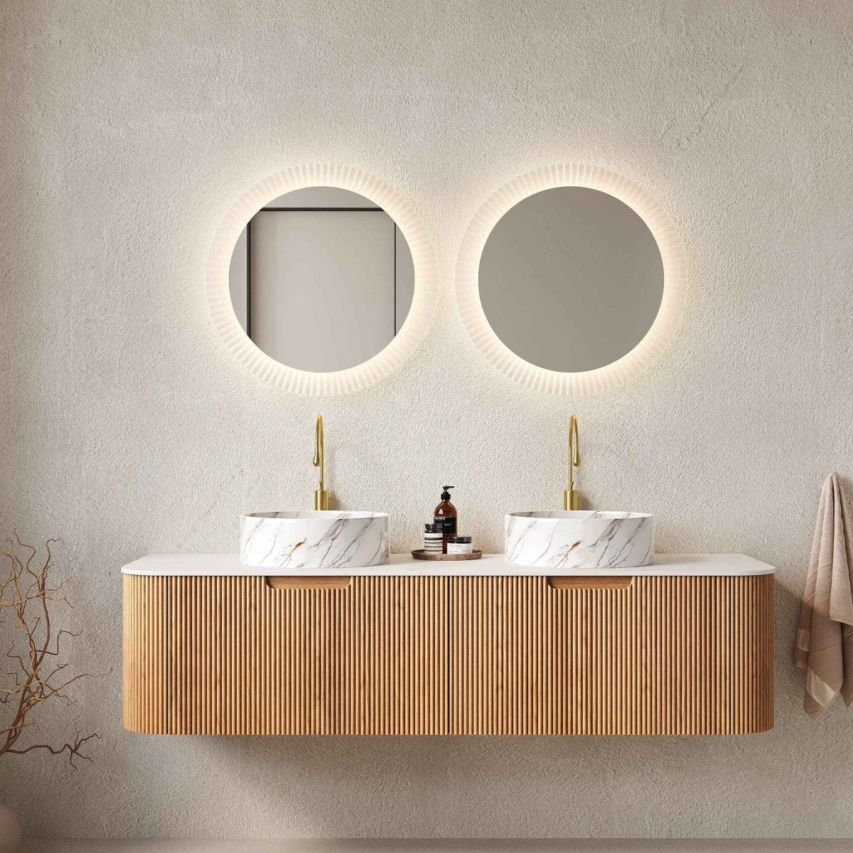 ExBrite DN 60' Bathroom Vanity with Sinks, Wall-Mounted Curved Edges Striped Bathroom Storage Cabinet with 2 Drawers, 2 White Round Ceramic Basin with Stone Pattern, Pre-assembled, Natural Woodgrain Color