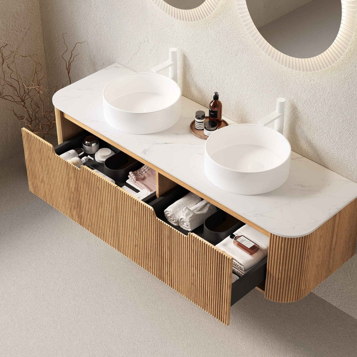 ExBrite DN 60' Bathroom Vanity with Sinks, Wall-Mounted Floating Curved Edges Striped Bathroom Storage Cabinet with 2 Drawers, 2 White Round Ceramic Basins, NO Faucet, Pre-assembled, Natural Woodgrain Color