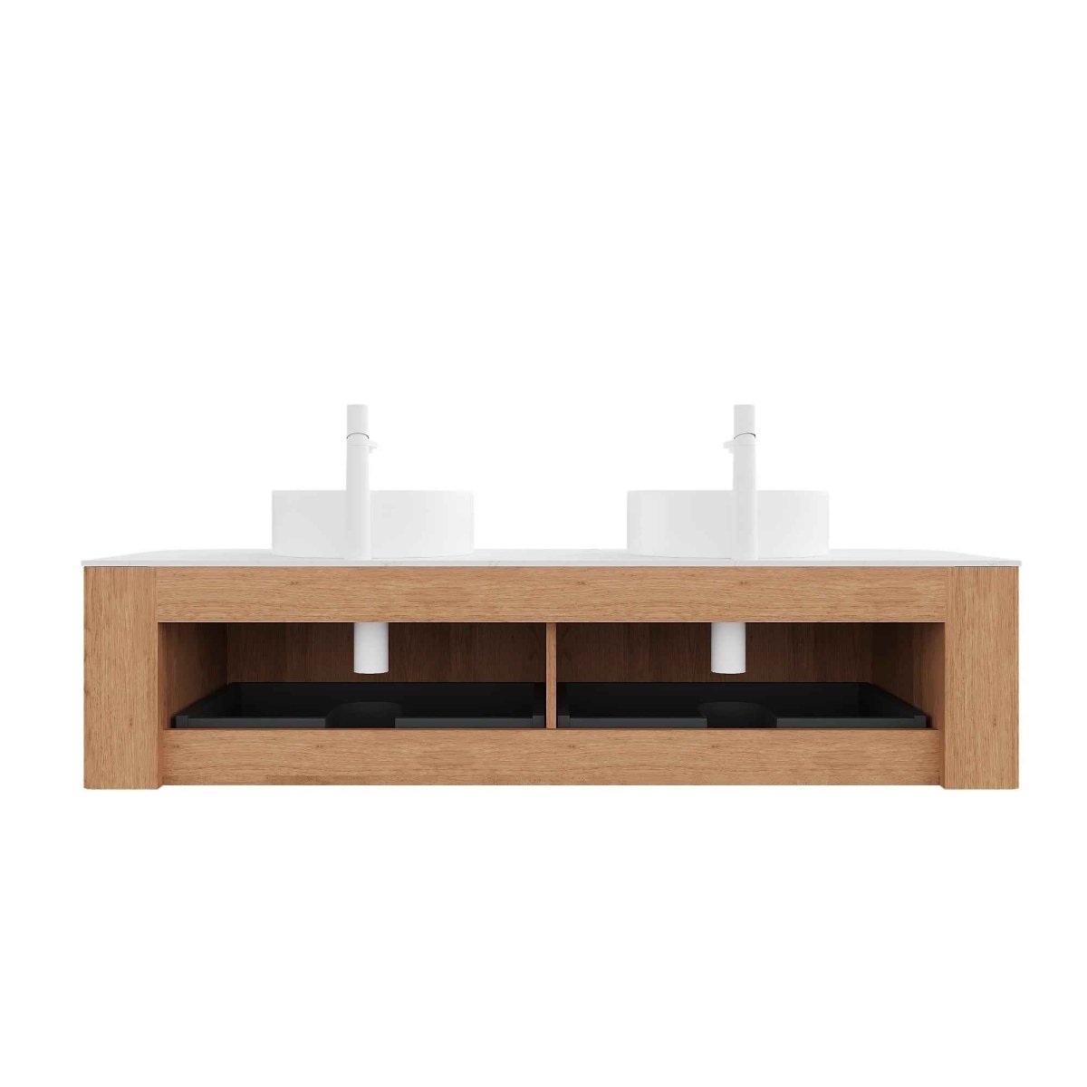 ExBrite DN 60' Bathroom Vanity with Sinks, Wall-Mounted Floating Curved Edges Striped Bathroom Storage Cabinet with 2 Drawers, 2 White Round Ceramic Basins, NO Faucet, Pre-assembled, Natural Woodgrain Color