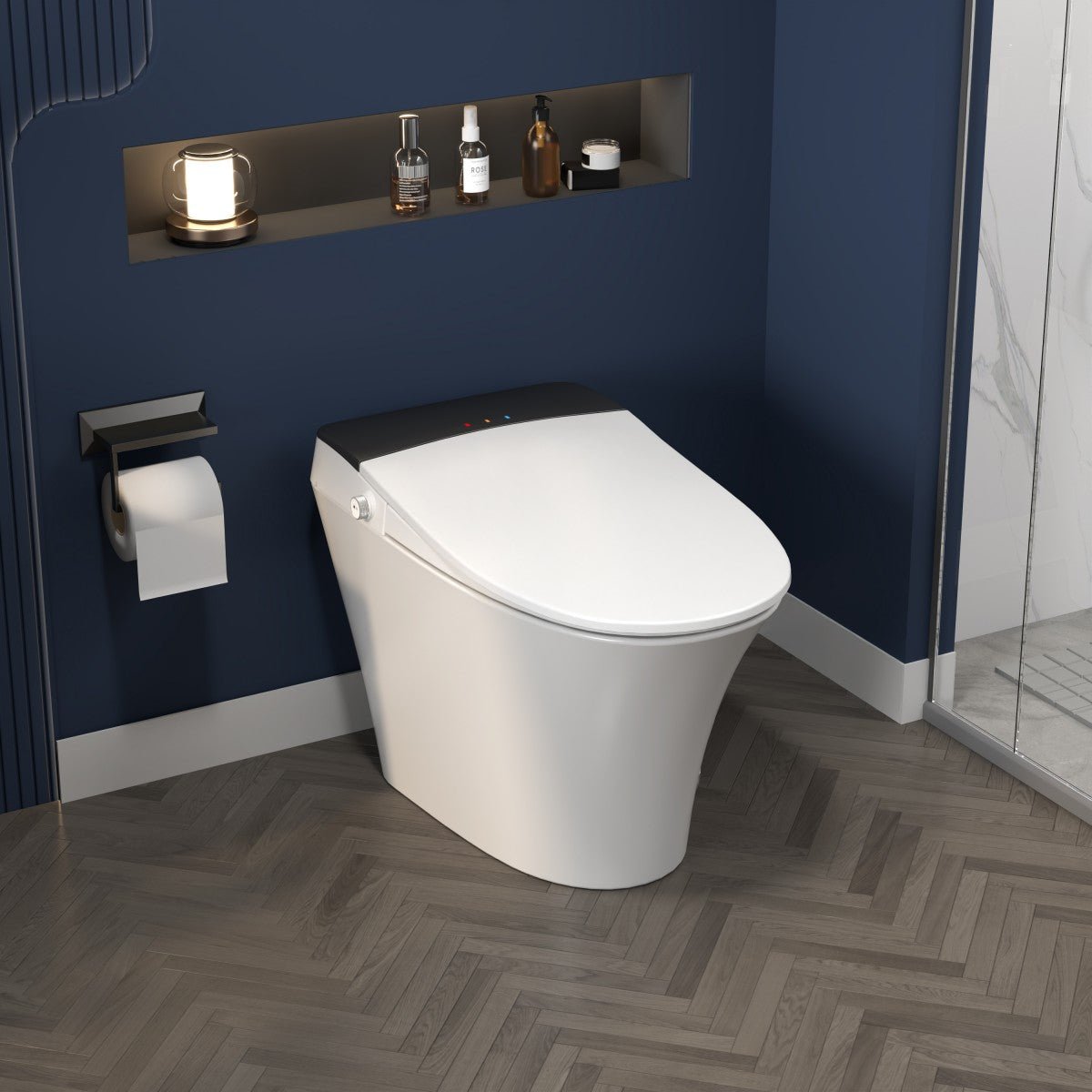 Exbrite Heated Seat Smart Toilet, One Piece Toilet, Automatic Flush Tankless Toilet without Bidet, with Foot sensor Flush, Blue Night Light, Knob Control, Power Outage Flushing, Soft Close Cover,White - ExBriteUSA