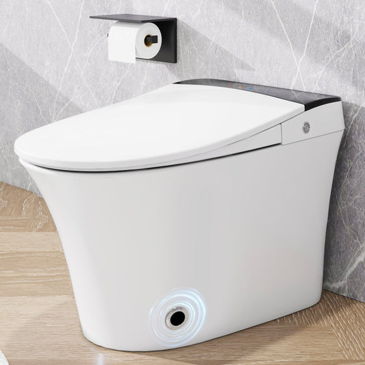 Exbrite Heated Seat Smart Toilet, One Piece Toilet, Automatic Flush Tankless Toilet without Bidet, with Foot sensor Flush, Blue Night Light, Knob Control, Power Outage Flushing, Soft Close Cover,White