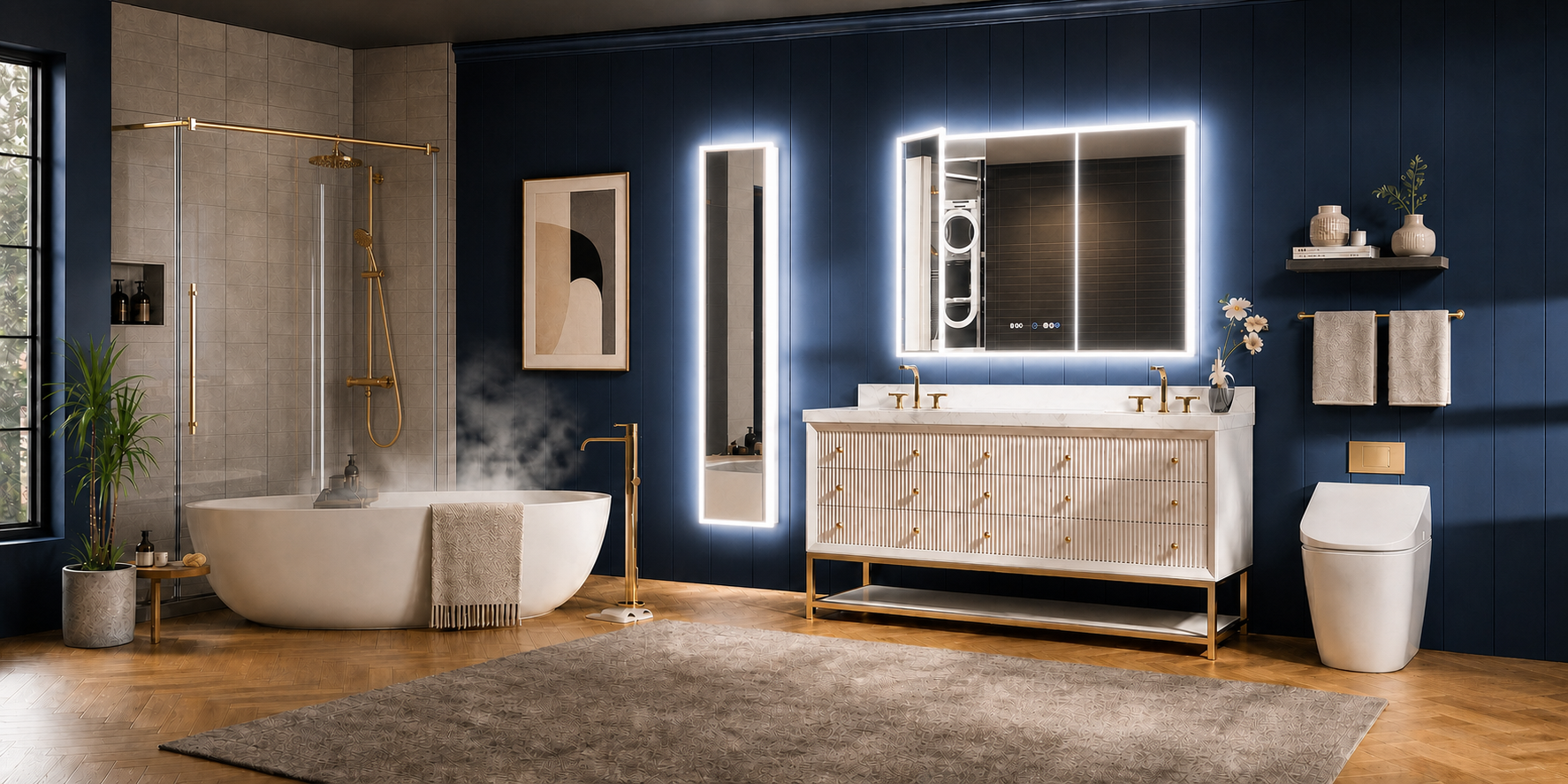 ExBrite illuminated medicine cabinet in a modern bathroom with clean mirrors and corrected shower hardware