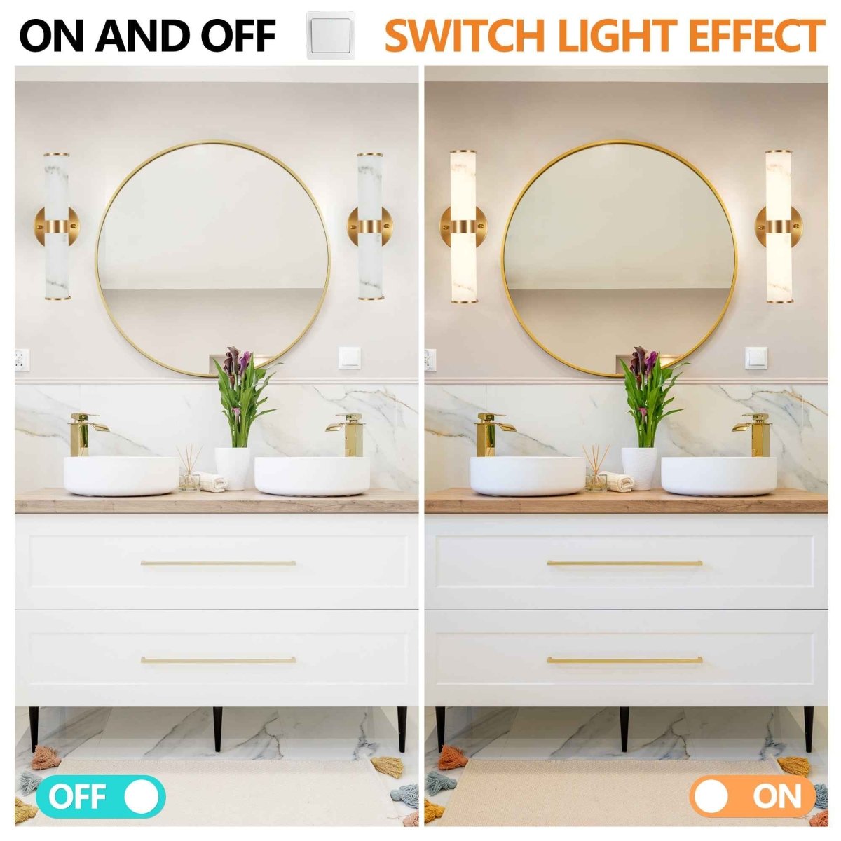 Exbrite Set of 2 Modern Marble-Effect Resin Wall Sconces with Gold Accents – Elegant LED-Compatible Vanity Lights for Bedroom, Living Room & Hallway(Only Inoor)
