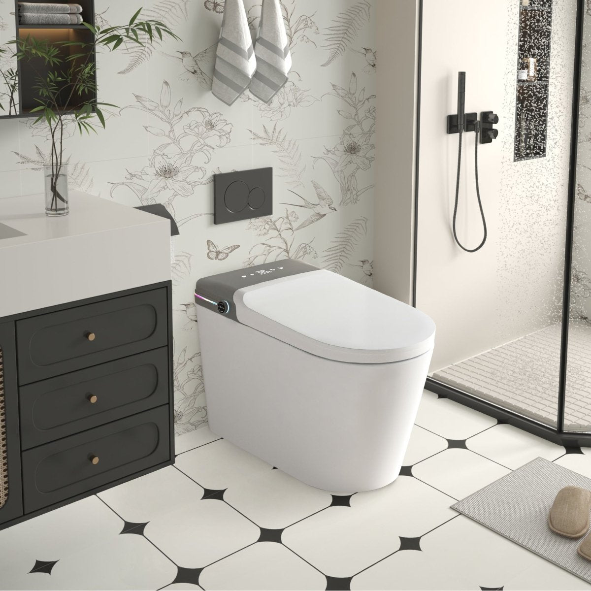 ExBrite Smart Bidet Toilet with Remote Control.Raised Tankless Toilet with LED Display. Auto Open/AutoHeated. Seat Toilet Bidet with Aromatherapy System.Warm Water And Dry.Off Seat Flush.Foot Sensor.