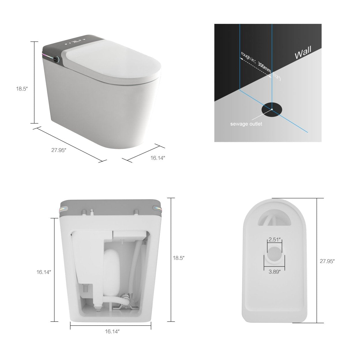 ExBrite Smart Bidet Toilet with Remote Control.Raised Tankless Toilet with LED Display. Auto Open/AutoHeated. Seat Toilet Bidet with Aromatherapy System.Warm Water And Dry.Off Seat Flush.Foot Sensor.