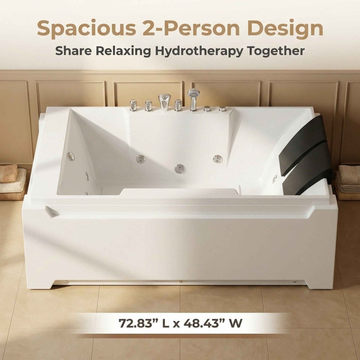 Exbrite X-031 Whirlpool Tub,73" x 48" Jetted Bathtub for 2 Person, Hydro Massage & Chromatherapy,UL Certified,UPC Certified,3 Sided Apron,Acrylic ,110 Gallons,Left Drain