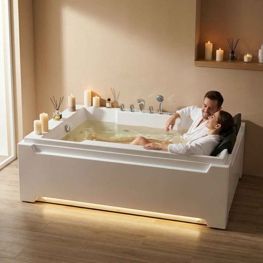 Exbrite X-031 Whirlpool Tub,73" x 48" Jetted Bathtub for 2 Person, Hydro Massage & Chromatherapy,UL Certified,UPC Certified,3 Sided Apron,Acrylic ,110 Gallons,Left Drain