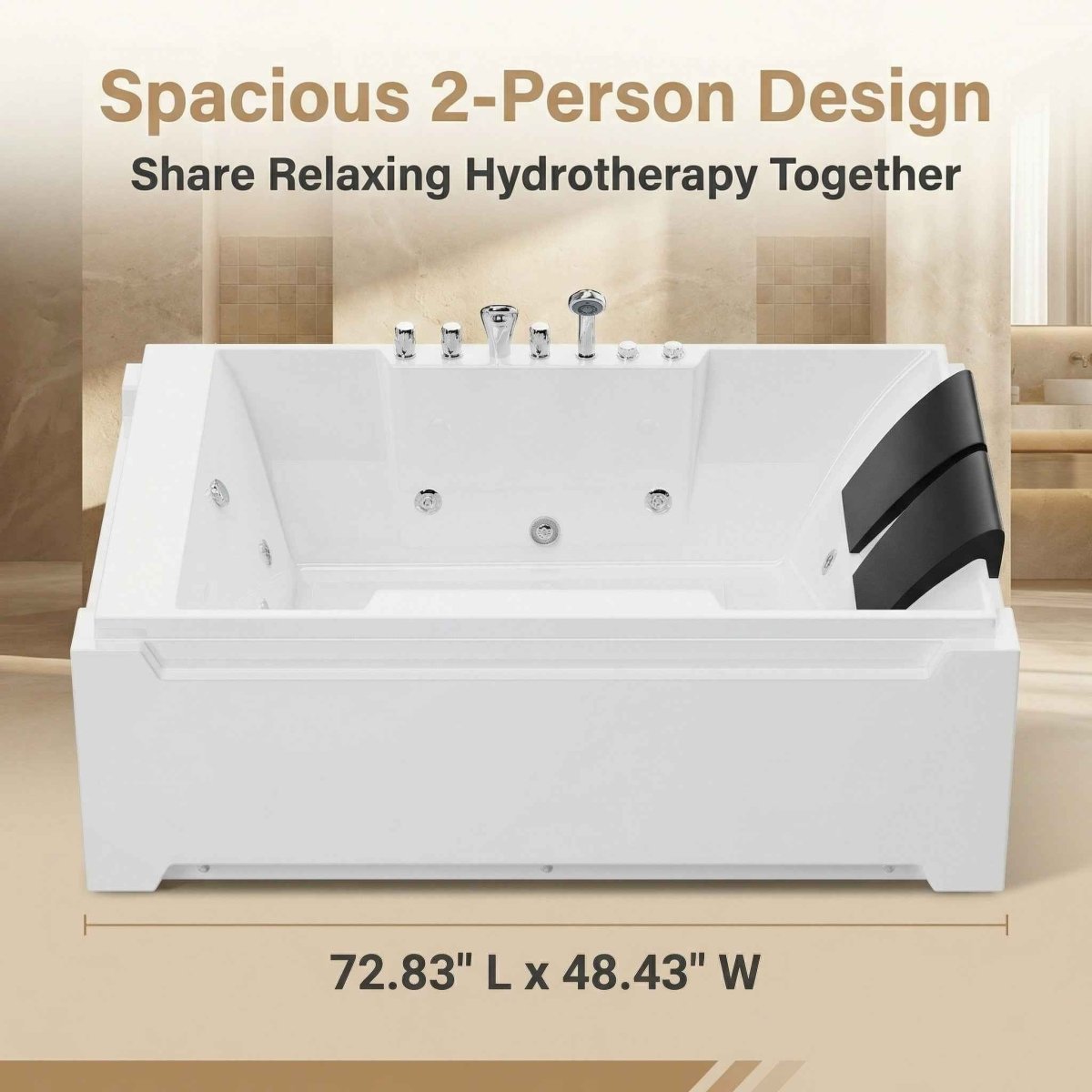 Exbrite X-031 Whirlpool Tub,73" x 48" Jetted Bathtub for 2 Person, Hydro Massage & Chromatherapy,UL Certified,UPC Certified,3 Sided Apron,Acrylic ,110 Gallons,Left Drain