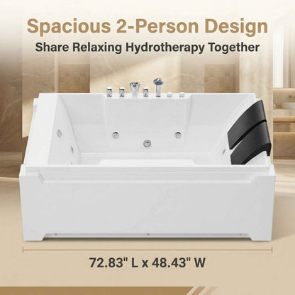 Exbrite X-031 Whirlpool Tub,73" x 48" Jetted Bathtub for 2 Person, Hydro Massage & Chromatherapy,UL Certified,UPC Certified,3 Sided Apron,Acrylic ,110 Gallons,Left Drain