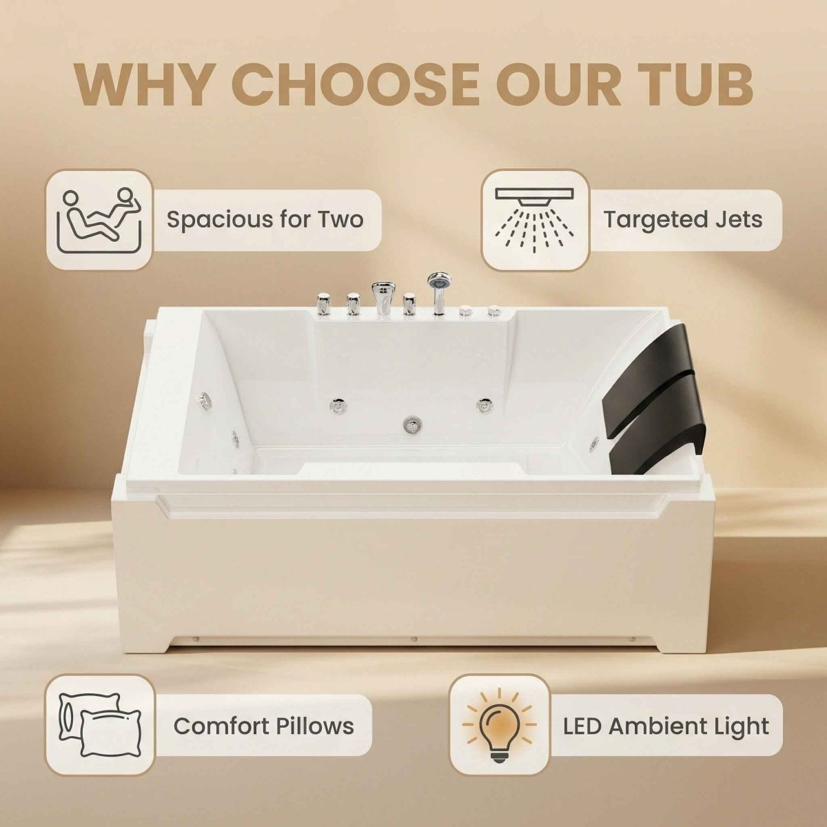 Exbrite X-031 Whirlpool Tub,73" x 48" Jetted Bathtub for 2 Person, Hydro Massage & Chromatherapy,UL Certified,UPC Certified,3 Sided Apron,Acrylic ,110 Gallons,Left Drain