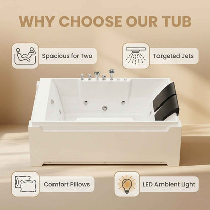Exbrite X-031 Whirlpool Tub,73" x 48" Jetted Bathtub for 2 Person, Hydro Massage & Chromatherapy,UL Certified,UPC Certified,3 Sided Apron,Acrylic ,110 Gallons,Left Drain