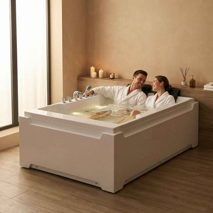 Exbrite X-031 Whirlpool Tub,73" x 48" Jetted Bathtub for 2 Person, Hydro Massage & Chromatherapy,UL Certified,UPC Certified,3 Sided Apron,Acrylic ,110 Gallons,Left Drain