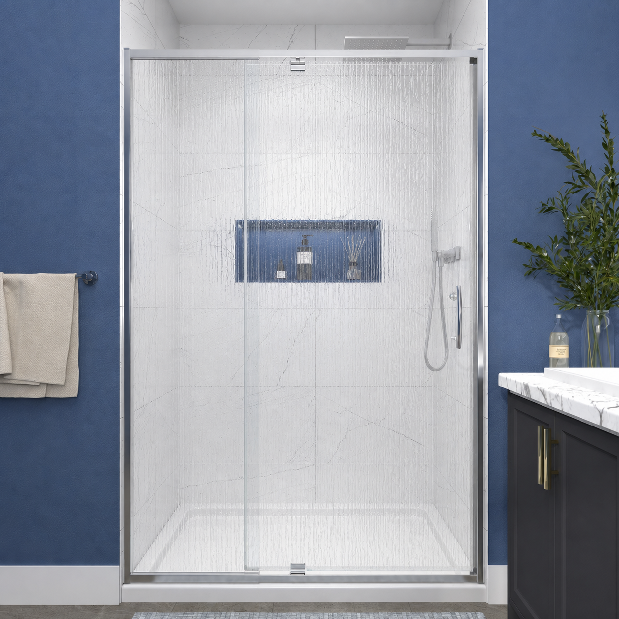 Flexi 44–48 in. W × 71 in. H Shower Door in Chrome with 1/4 in. (6 mm) Textured Rain Glass for Privacy, Seal Strips and Handle