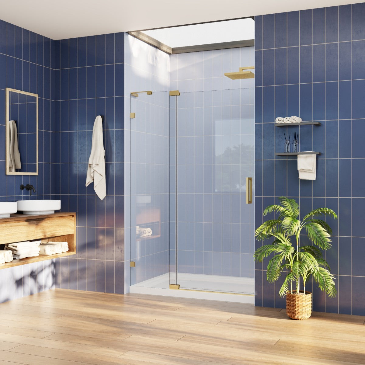 Flexi-L 44-48" W X 70" H Bathroom Glass Shower Doors,Semi-Frameless Brushed Gold,Tempered Glass Shower Door With Handle