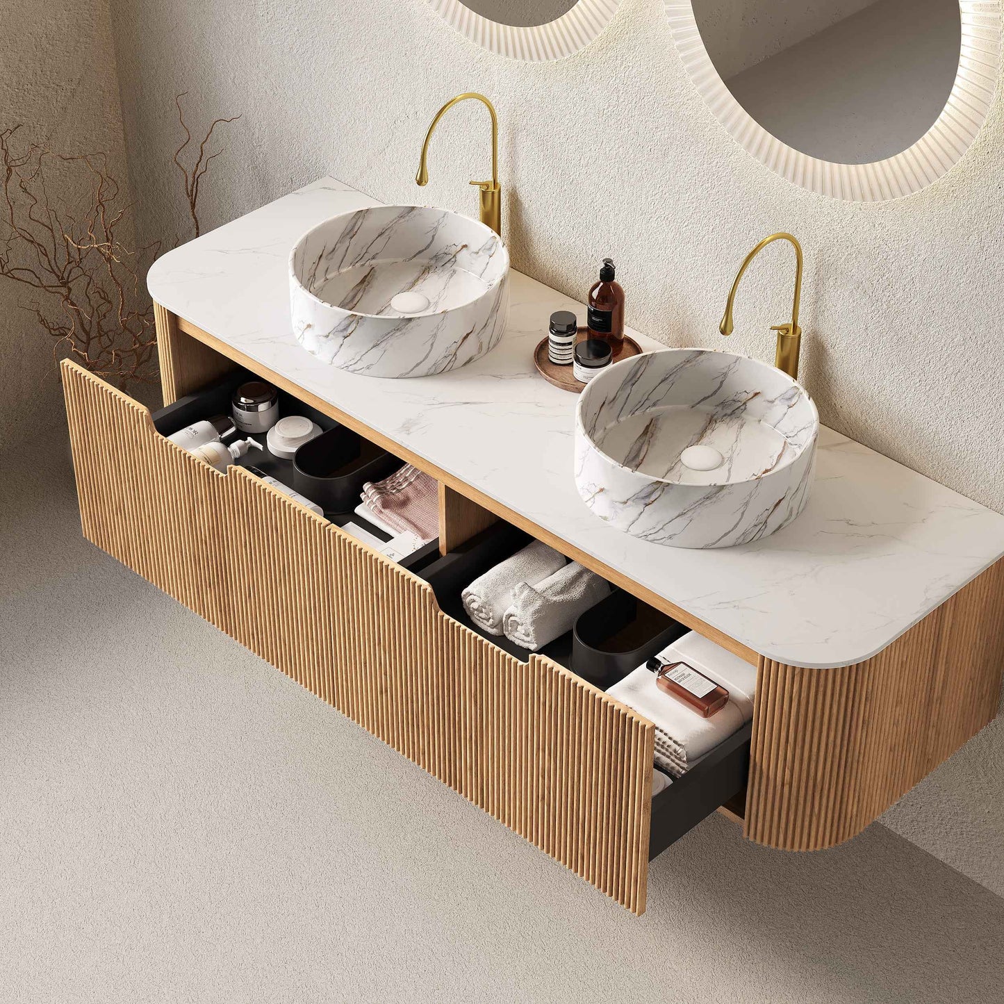 ExBrite DN 60' Bathroom Vanity with Sinks, Wall-Mounted Curved Edges Striped Bathroom Storage Cabinet with 2 Drawers, 2 White Round Ceramic Basin with Stone Pattern, Pre-assembled, Natural Woodgrain Color