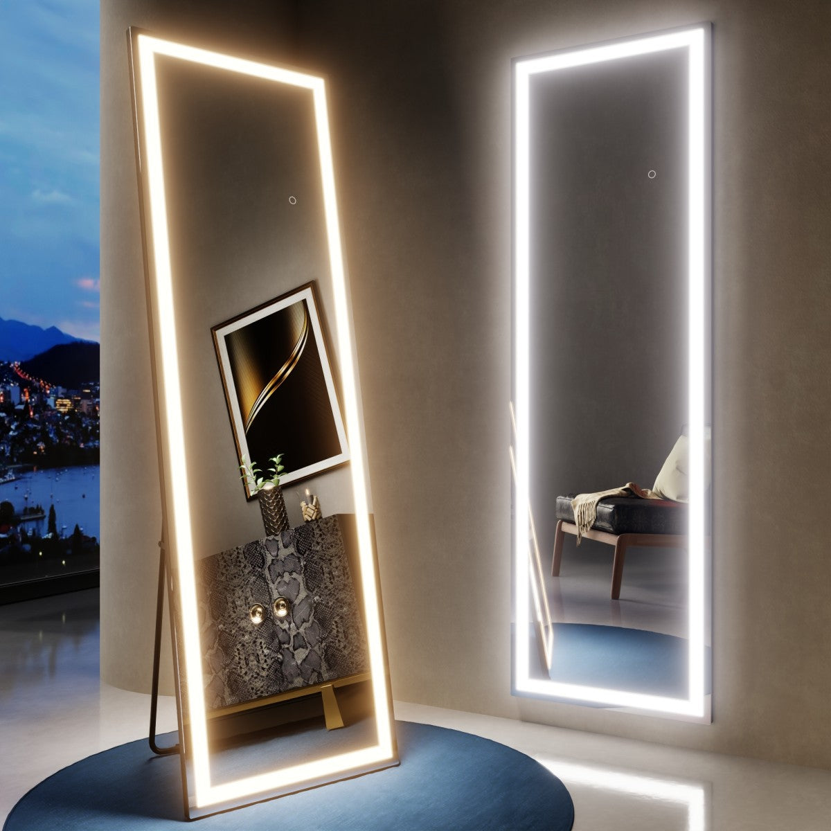 Nivor 34″ × 82″ Dimmable LED Full-Length Floor Mirror with Stand, 3-Color Lights & Wall-Mount Option