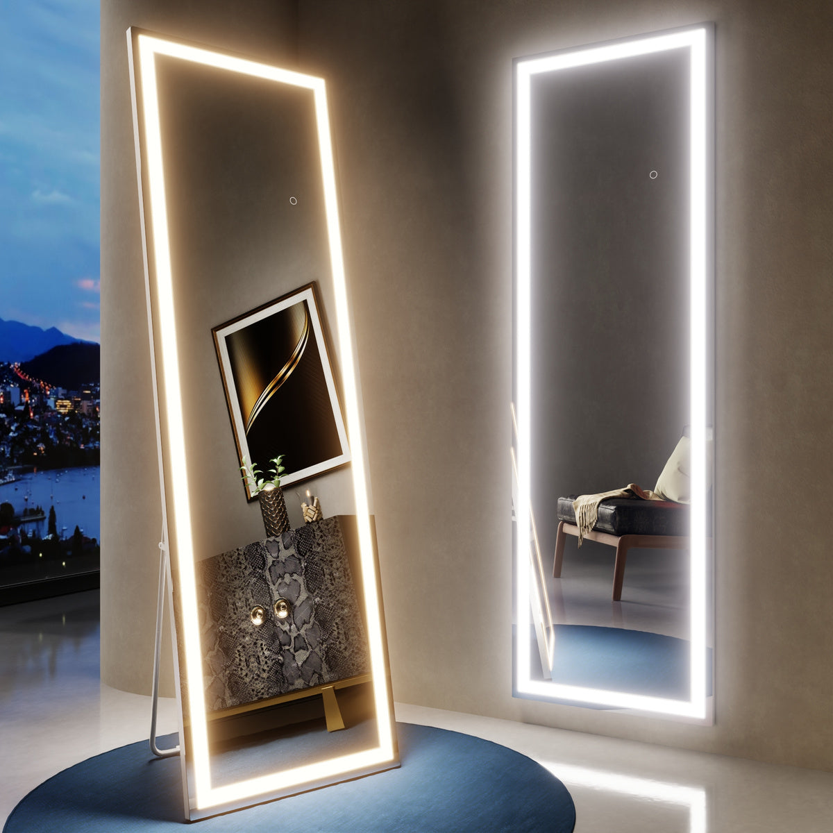 Nivor 80"x32" Dimmable LED Full-Length Floor Framed Mirror with Stand, 3-Color Lights & Wall-Mount Option