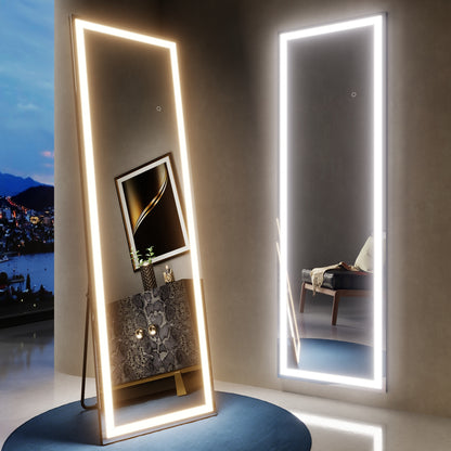 Nivor 80"x36" Dimmable LED Full-Length Floor Framed Mirror with Stand, 3-Color Lights & Wall-Mount Option