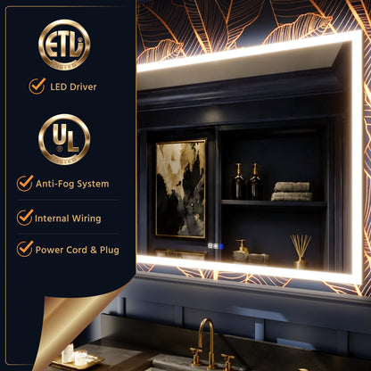 Solen 48" x 36" Frameless Rectangular Lighted Vanity Mirror with Anti-Fog and Bright LED Lighting Bathroom mirror
