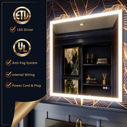 Solen 36" x 36" Frameless Rectangular Lighted Vanity Mirror with Anti-Fog and Bright LED Lighting Bathroom mirror