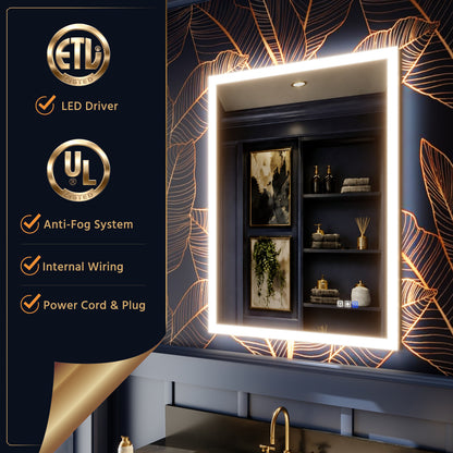 Solen 28" x 36"Frameless Rectangular Lighted Vanity Mirror with Anti-Fog and Bright LED Lighting Bathroom mirror