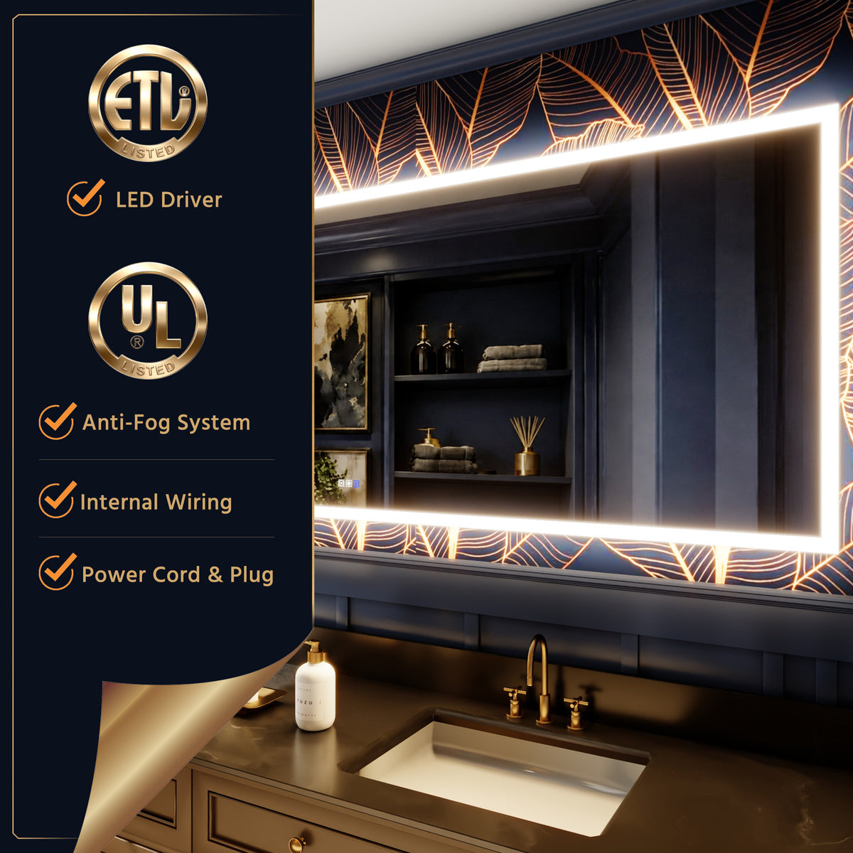 Solen 96" x 36" Frameless Rectangular Lighted Vanity Mirror with Anti-Fog and Bright LED Lighting Bathroom mirror
