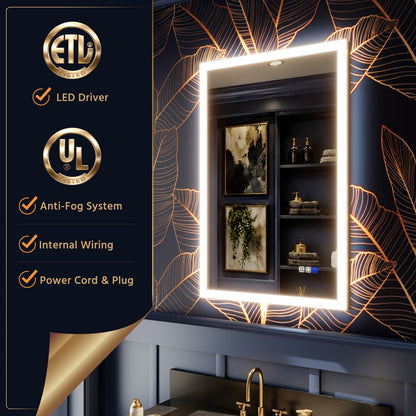Solen 24" x 36" Frameless Rectangular Lighted Vanity Mirror with Anti-Fog and Bright LED Lighting Bathroom mirror
