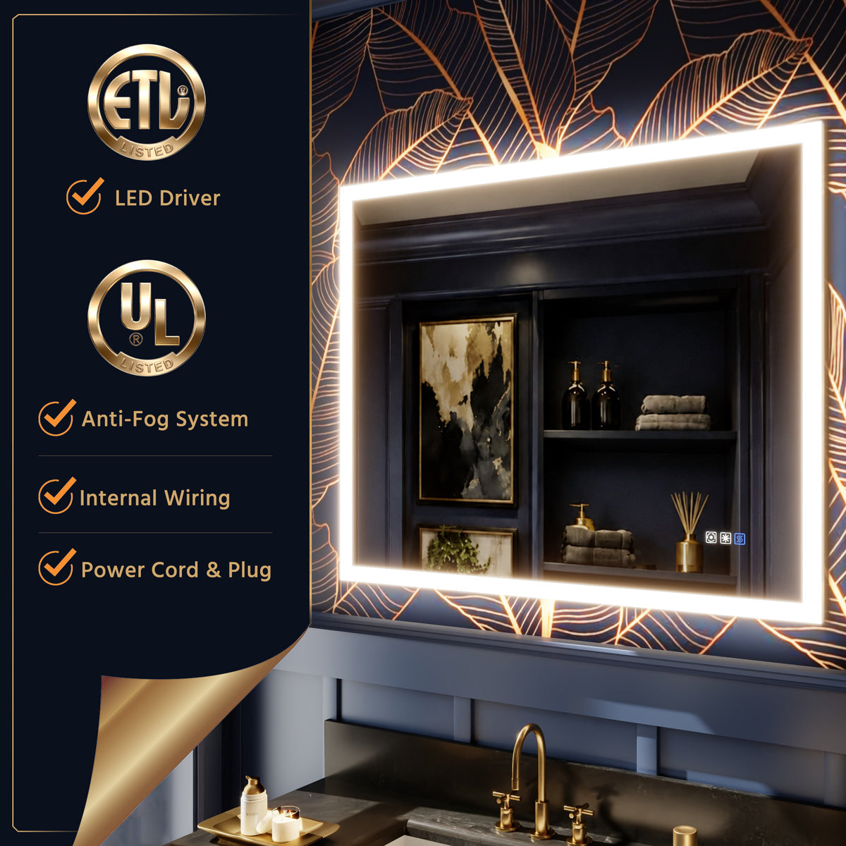 Solen 40" x 32" Frameless Rectangular Lighted Vanity Mirror with Anti-Fog and Bright LED Lighting Bathroom mirror