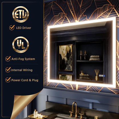 Solen 40" x 32" Frameless Rectangular Lighted Vanity Mirror with Anti-Fog and Bright LED Lighting Bathroom mirror
