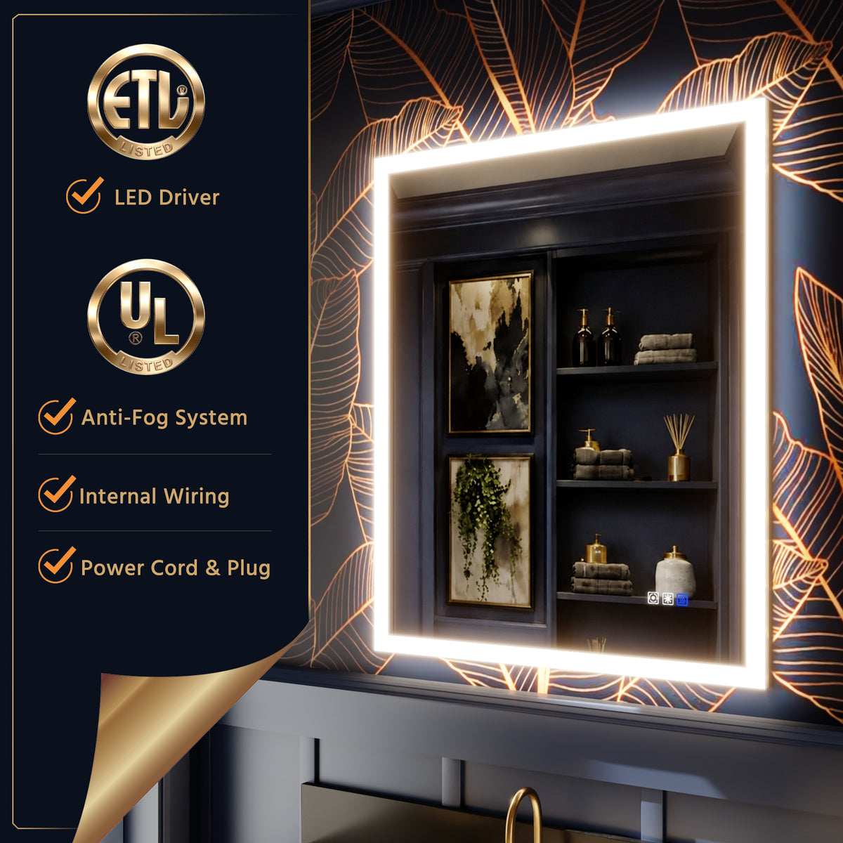 Solen 30" x 36" Frameless Rectangular Lighted Vanity Mirror with Anti-Fog and Bright LED Lighting Bathroom mirror