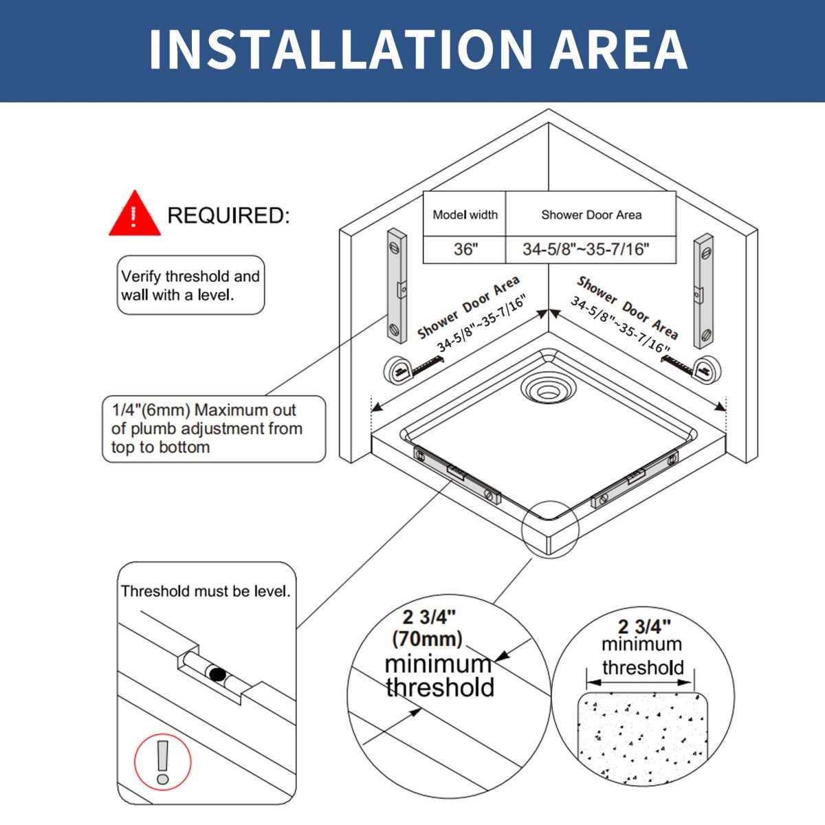 Haven 36" x 72" Matte Black Corner Shower Enclosure,6mm Clear Glass,Double Sliding Shower Doors,Not Base,Adjustable