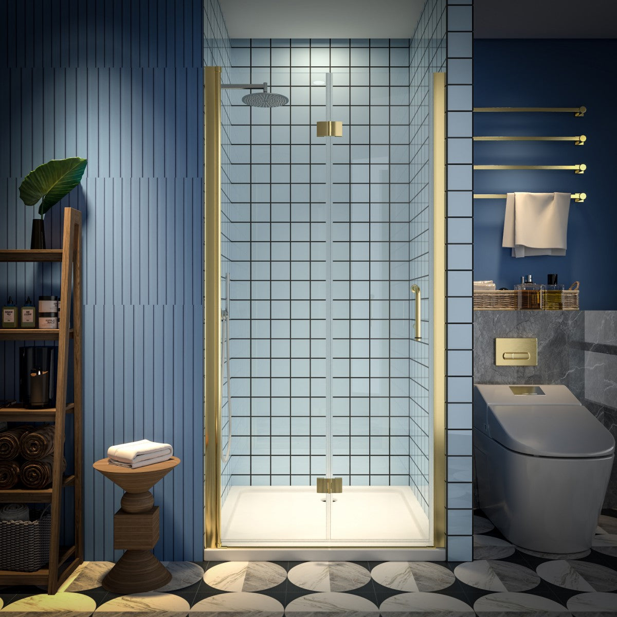 Exbrite Adapt Bifold Shower Door 36-38 in.W x 72 in.H Pivot Swing Shower Doors,Brushed Gold,Clear Tempered Glass - ExBriteUSA