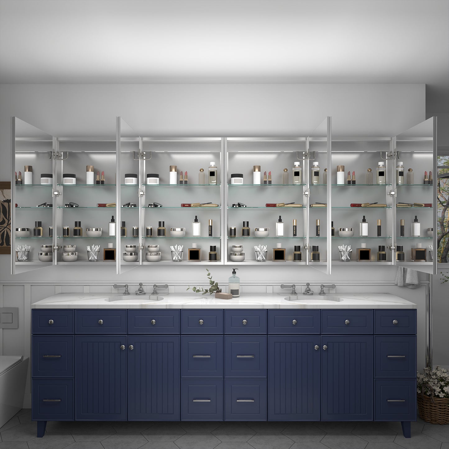 Rim 96" W x 36" H LED Lighted Medicine Cabinet Recessed or Surface with Mirrors,2 Left and 2 Right Hinge