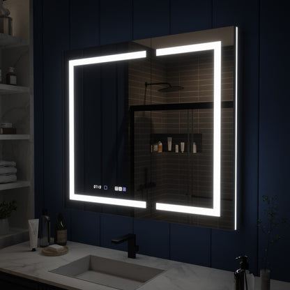 Bathroom with a large illuminated mirror reflecting a shower area.