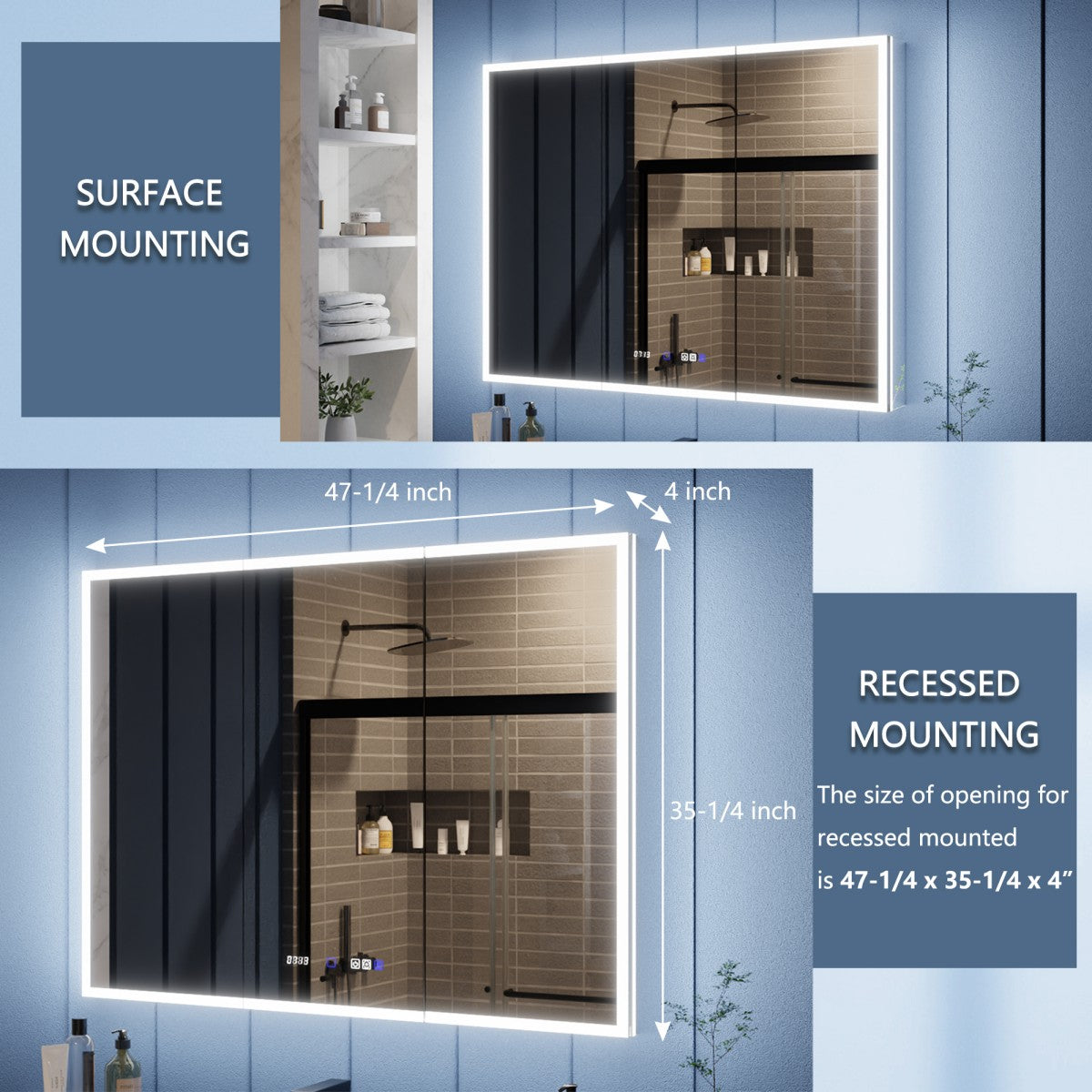 Illusion 48" x 36" LED Lighted Medicine Cabinet with Magnifiers Front and Back Light-with Clock