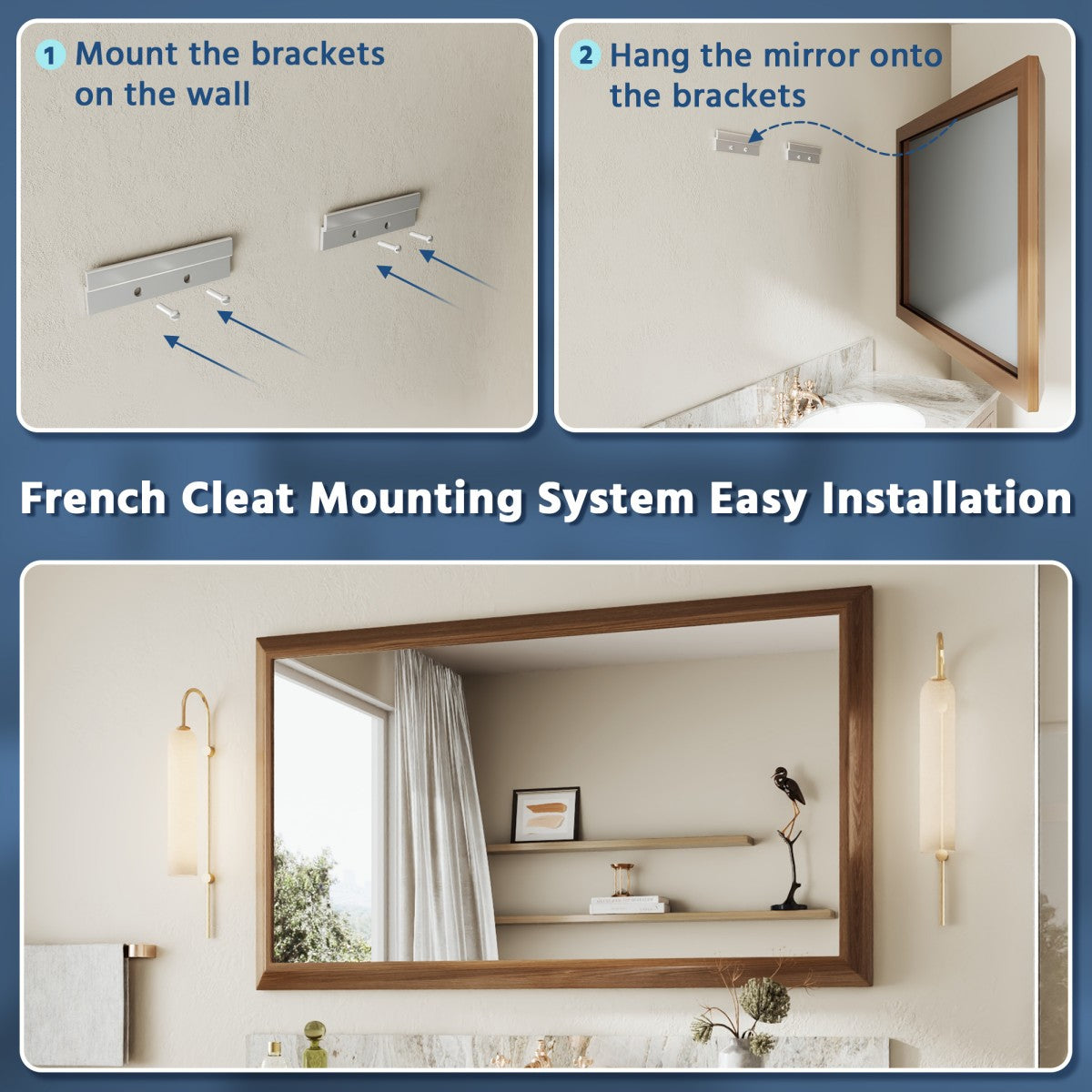 55" x 32" Dark Wood Grain Modern, Elegant Rectangular Wall Mirror with Tempered Glass, Shatterproof, Rust-Resistant Dark Wood Grain Aluminum Frame for Bathroom, Living Room & Hallway| Nolhurst