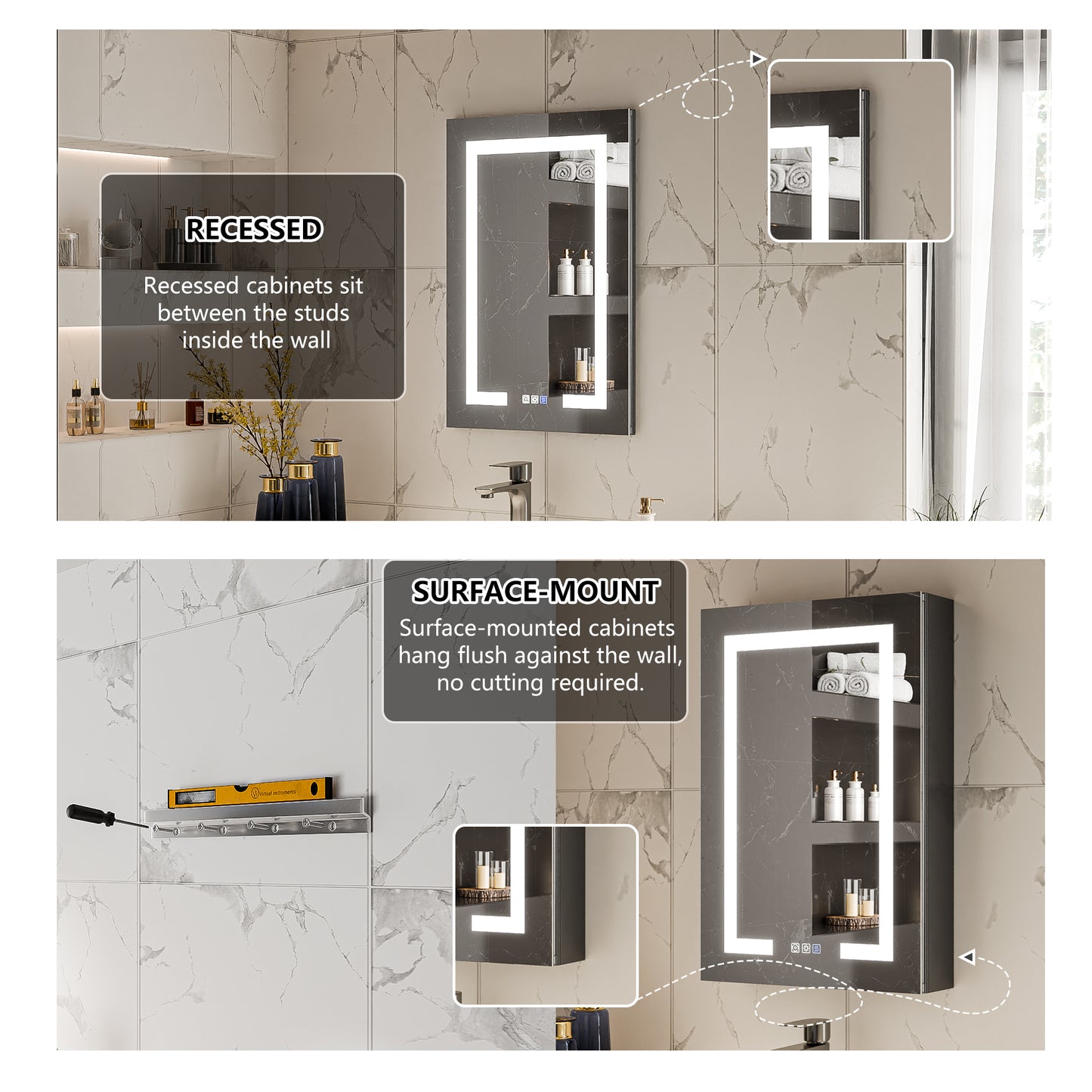 Boost-M1 20" W x 30" H Light Medicine Cabinet Recessed or Surface Mount Aluminum Adjustable Shelves Vanity Mirror Cabinet, Black Frame, Hinge on the Left - ExBriteUSA
