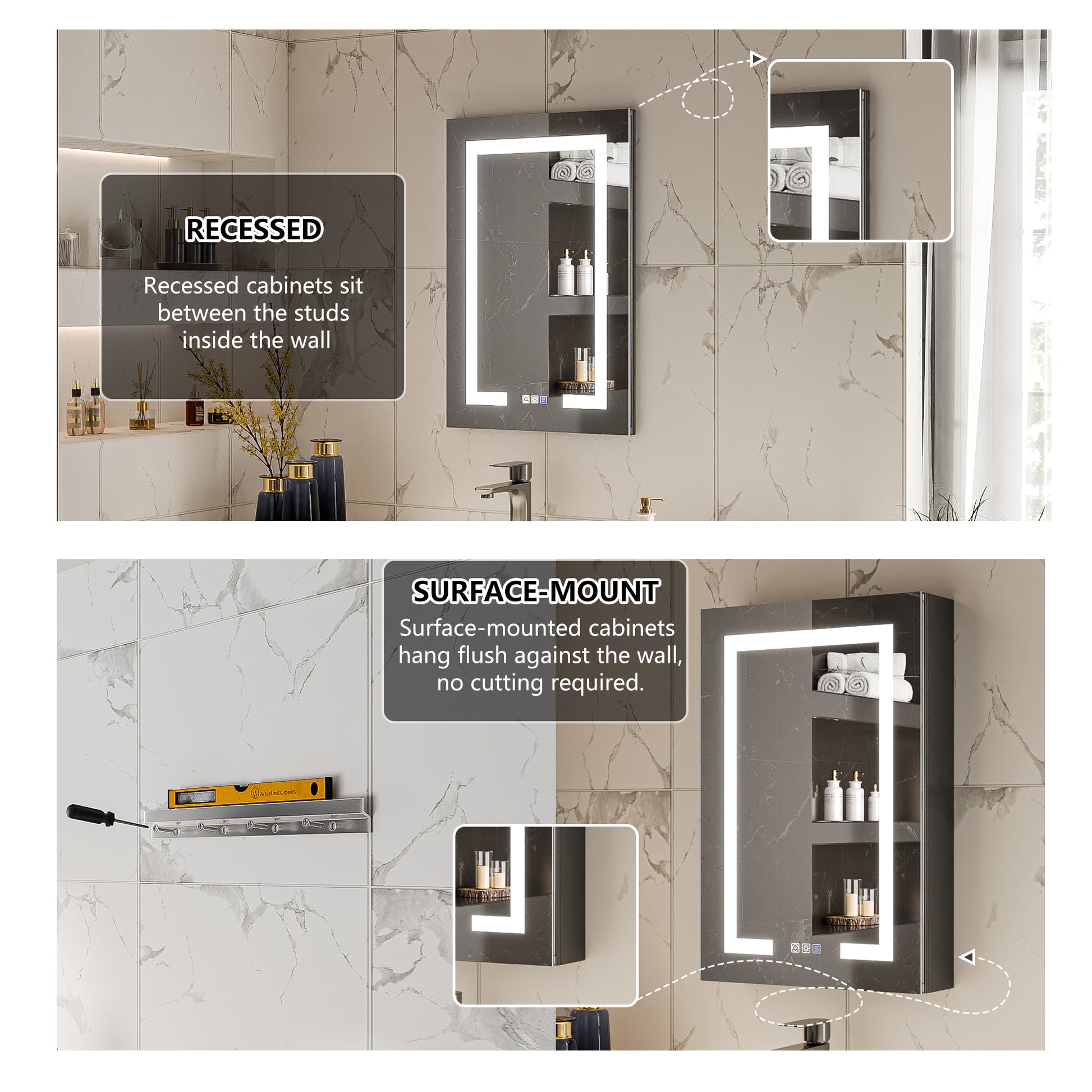 Boost-M1 20" W x 30" H Light Medicine Cabinet Recessed or Surface Mount Aluminum Adjustable Shelves Vanity Mirror Cabinet, Black Frame, Hinge on the Left - ExBriteUSA