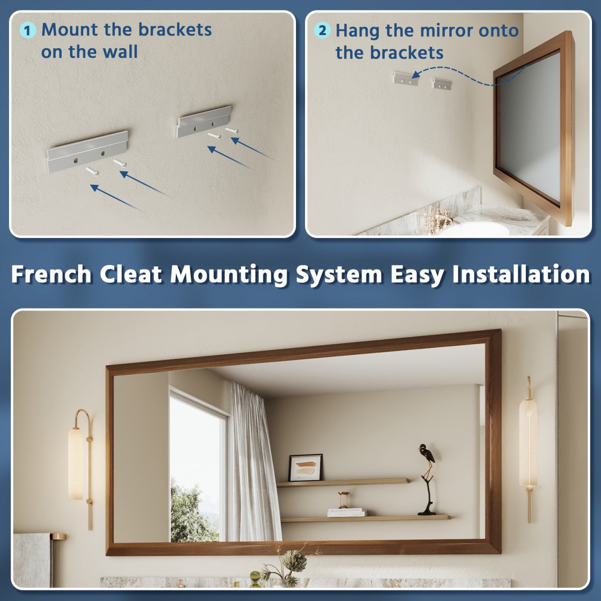 72" x 36" Light Wood Grain Modern, Elegant Rectangular Wall Mirror with Tempered Glass, Shatterproof, Rust-Resistant Dark Wood Grain Aluminum Frame for Bathroom, Living Room & Hallway| Nolhurst